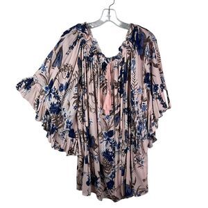 Umgee Floral Bell Flounce Sleeve Tunic Blouse Ruffle Tassel Tie Neck Boho L NWT